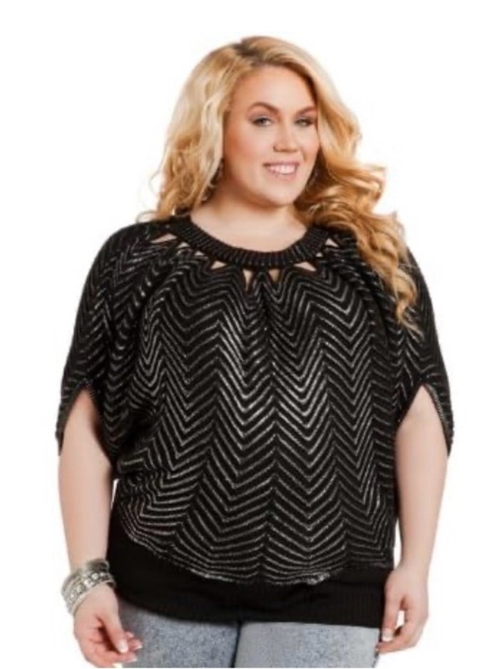 Ashley Stewart Black Chevron Knit Dolman Top with Keyhole Accent